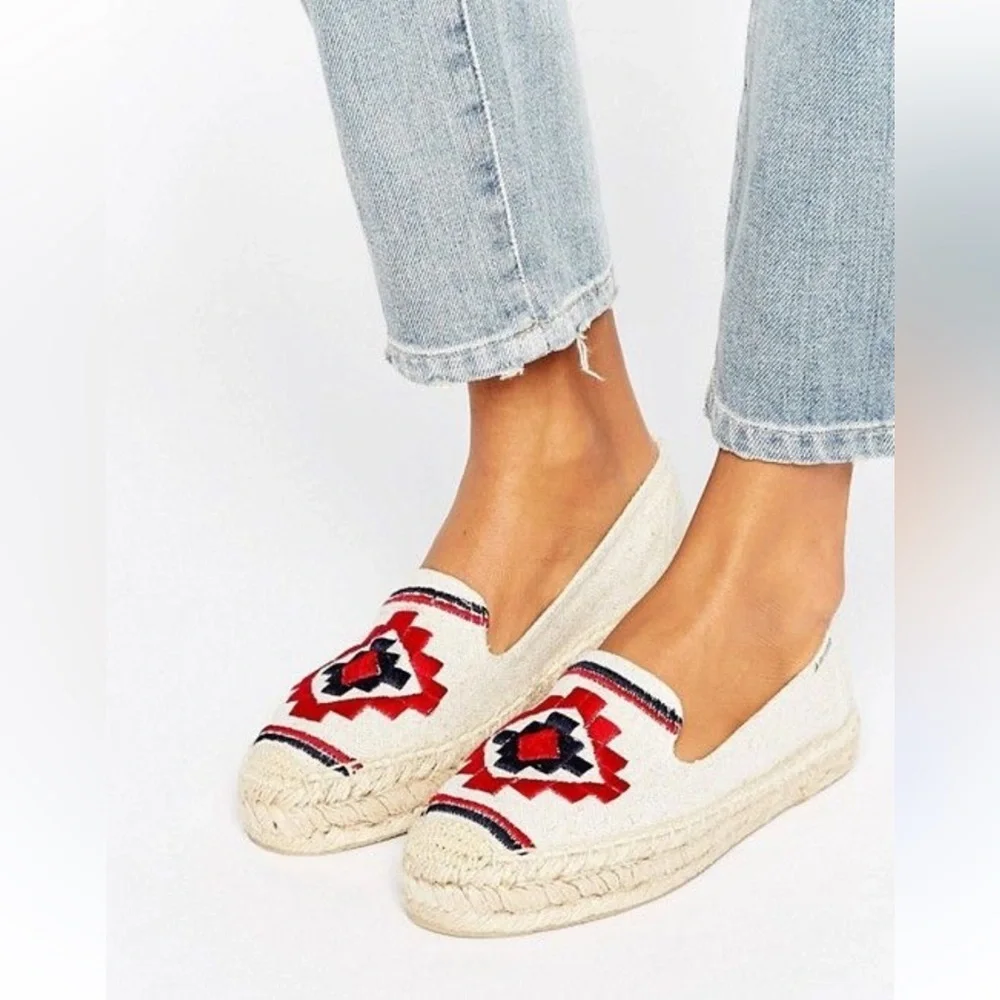 Soludos Boho Embroidered Platform Espadrilles Flats Driving Shoes Cream Red 7